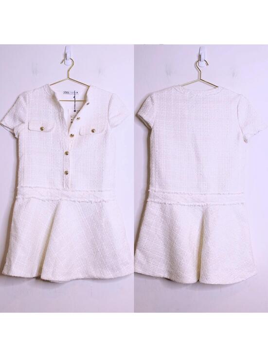 Zara Dresses & Skirts - Zara White Textured Short Sleeve Tweed Dress with Gold Buttons